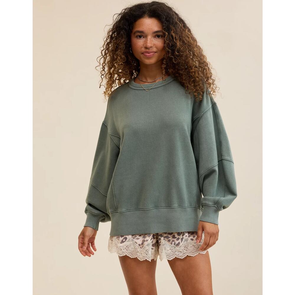 Aerie Royal Palm Green Go-To Crewneck Sweatshirt Ribbed Trim Loungewear- Sz XXL